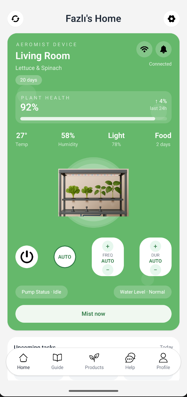 AeroMist app – Home dashboard