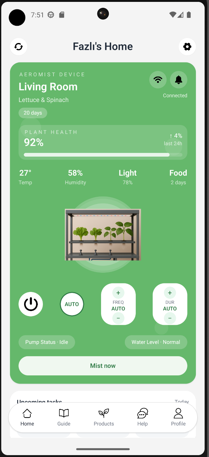 AeroMist app – dashboard with plant health, metrics and Mist now