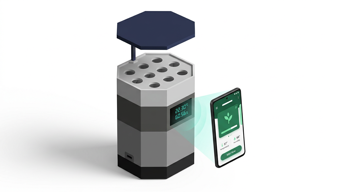 AeroMist hexagonal tower with top grow canopy and front LED display, Android phone with green dashboard beside it